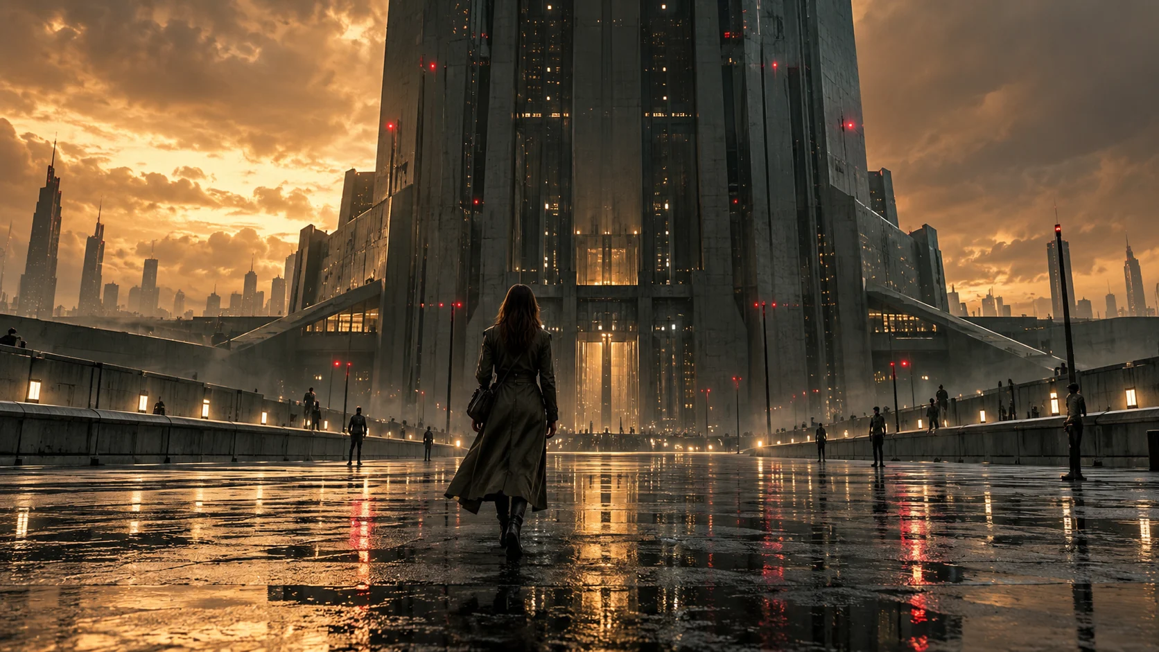 A woman crossing a rain-soaked plaza toward an immense surveillance tower