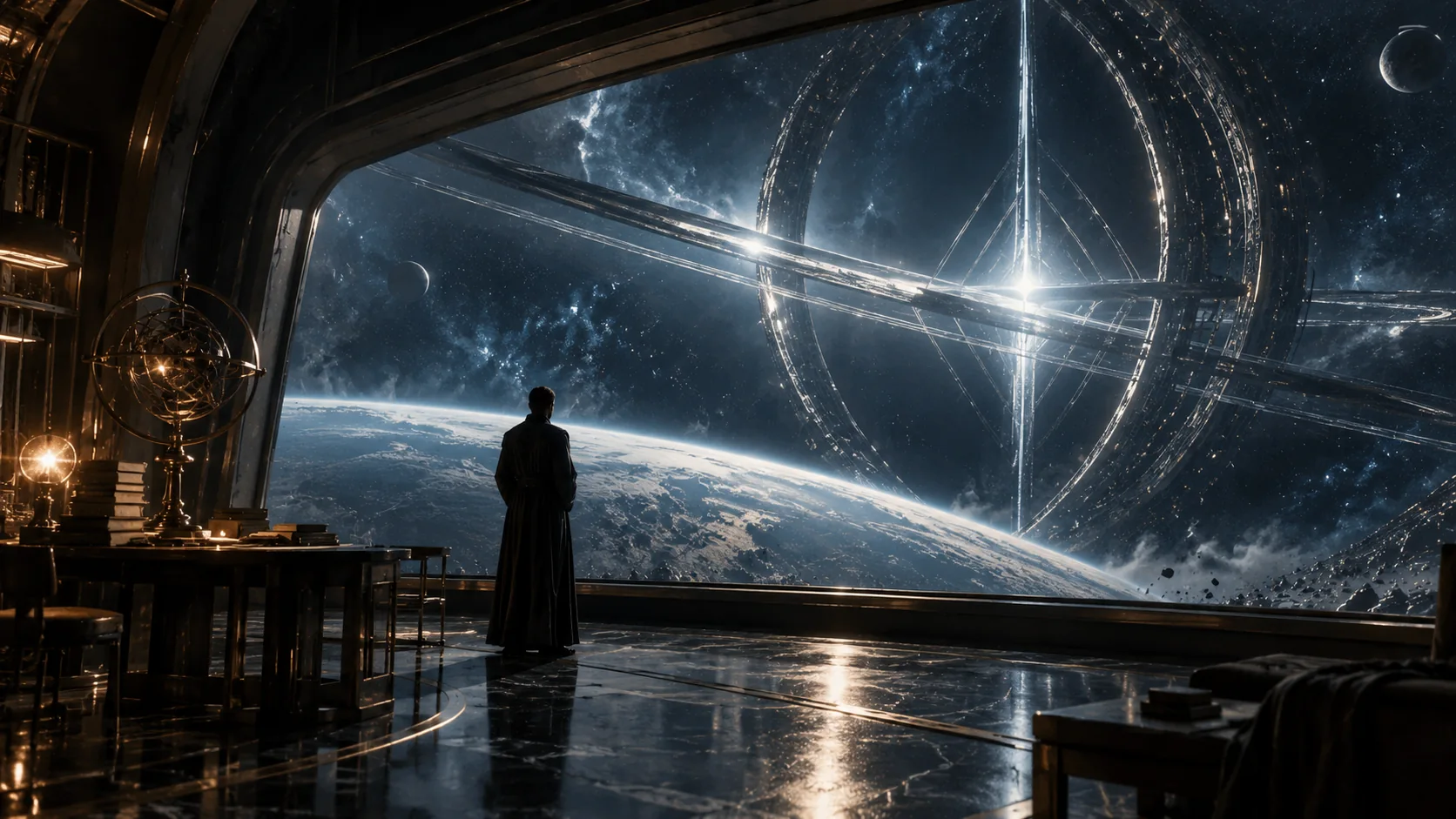 A scientist looking out toward an unfamiliar luminous phenomenon