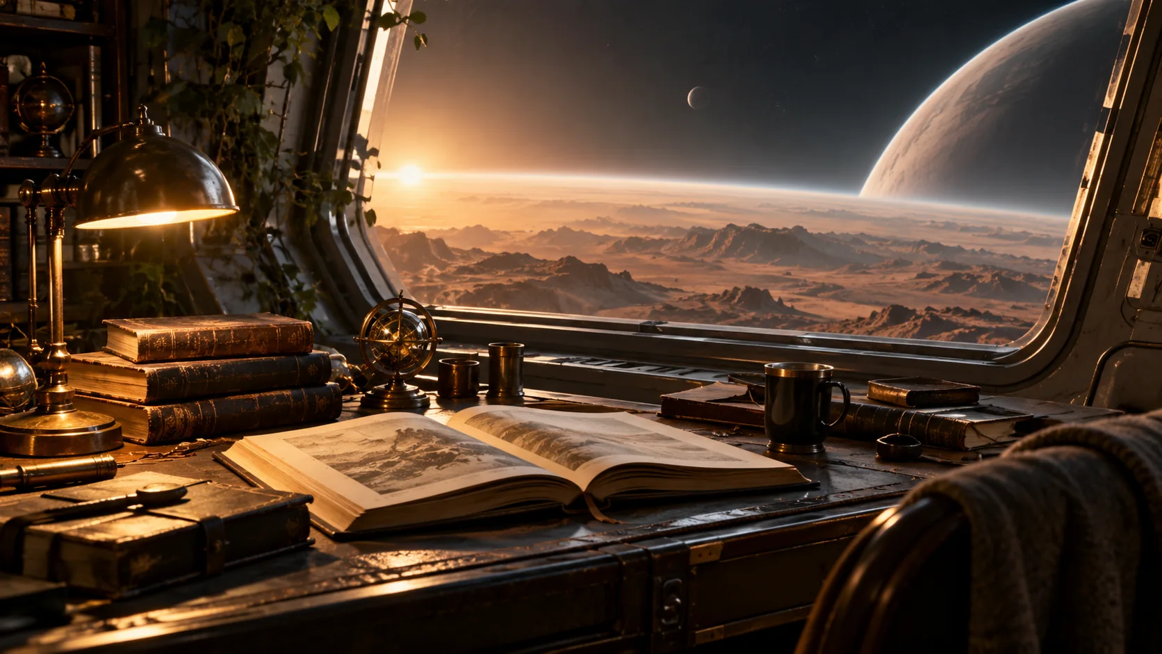 Science fiction books beside a window onto a desert planet
